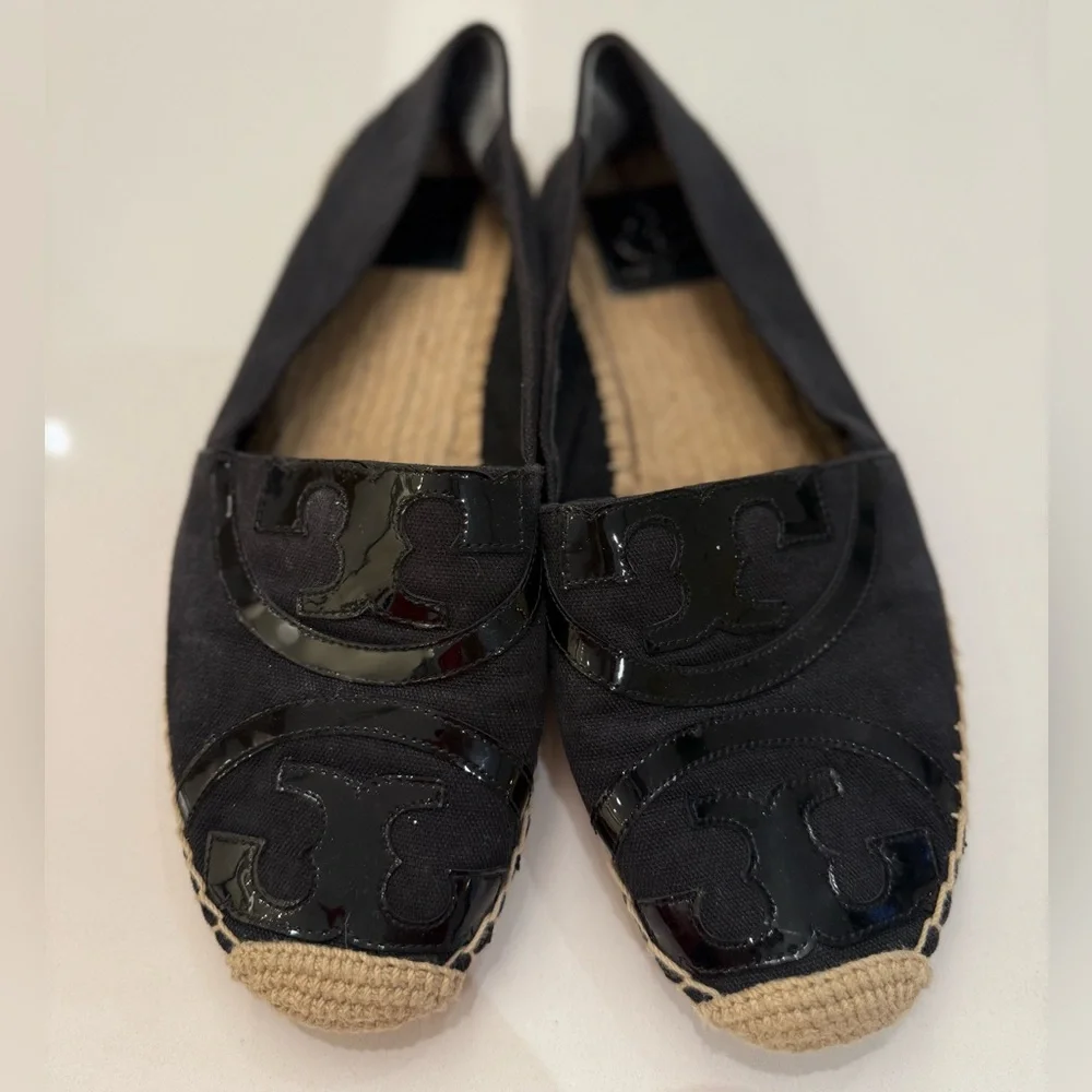 Tory Burch Poppy Espadrille Flats Black Canvas Patent Leather‎ Logo 10M